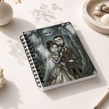Personalized Gothic Wedding Spiral Bound Journal with Custom Text, Custom Couple Portrait Keepsake Notebook Gift