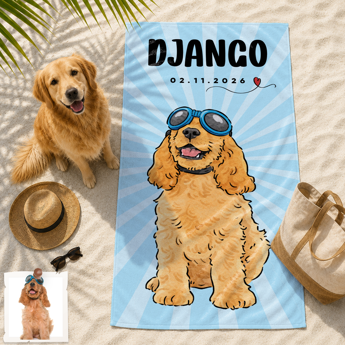 Personalized Pet Watercolor Doodle Beach Towel with Custom Text, Soft Artistic Dog or Cat Summer Gift