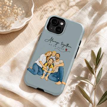 Tough Phone Case for iPhone & Samsung, Personalized Big Family Watercolor Doodle Photo Case with Custom Text