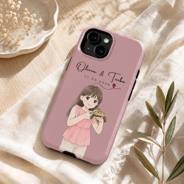 Tough Phone Case for iPhone & Samsung, Personalized Pet and Owner Anime Illustration Case with Custom Text