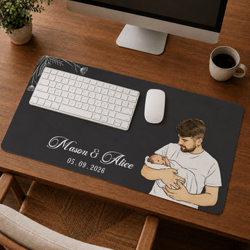 Personalized Baby With Dad Photo Watercolor Doodle Desk Mat with Custom Text, Custom First Time Dad Desk Pad Gift