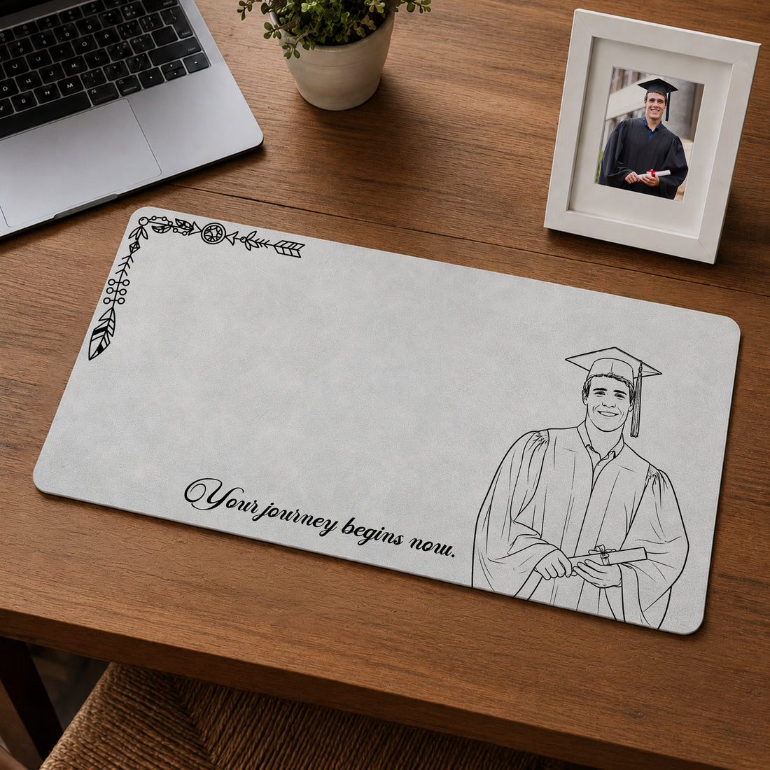 Personalized Graduation Photo Detailed Line Art Desk Mat with Custom Text, Custom Graduate Desk Pad Gift