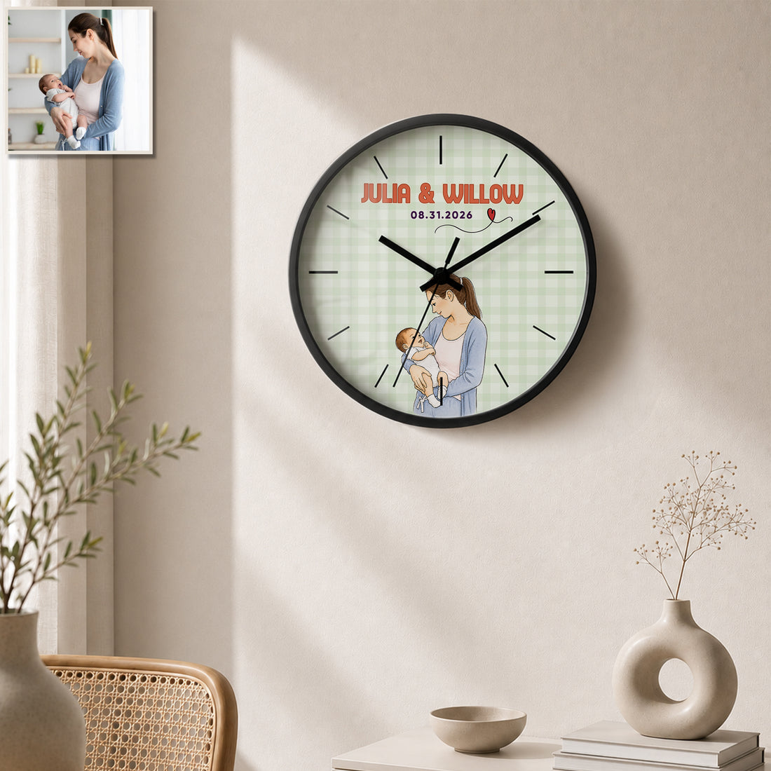 Personalized First Time Mom Watercolor Doodle Wall Clock with Custom Text, Custom Mom and Baby Portrait Home Decor Gift
