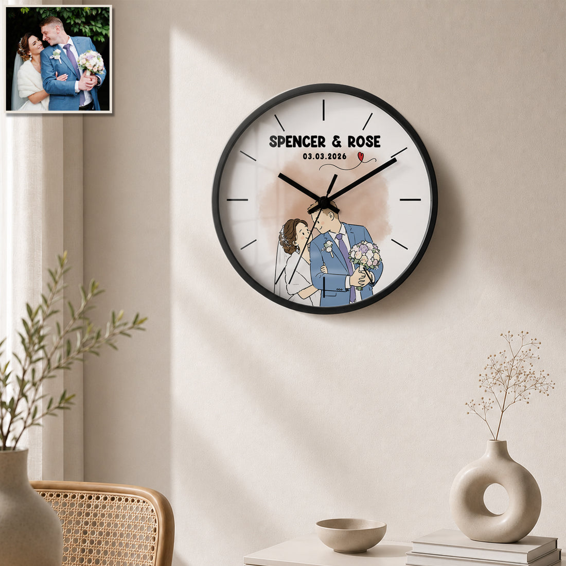 Personalized Wedding & Engagement Funny Doodle Wall Clock with Custom Text, Custom Couple Portrait Gift