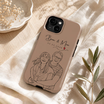Tough Phone Case for iPhone & Samsung, Personalized Young Couple Anniversary Detailed Line Art Case with Custom Text