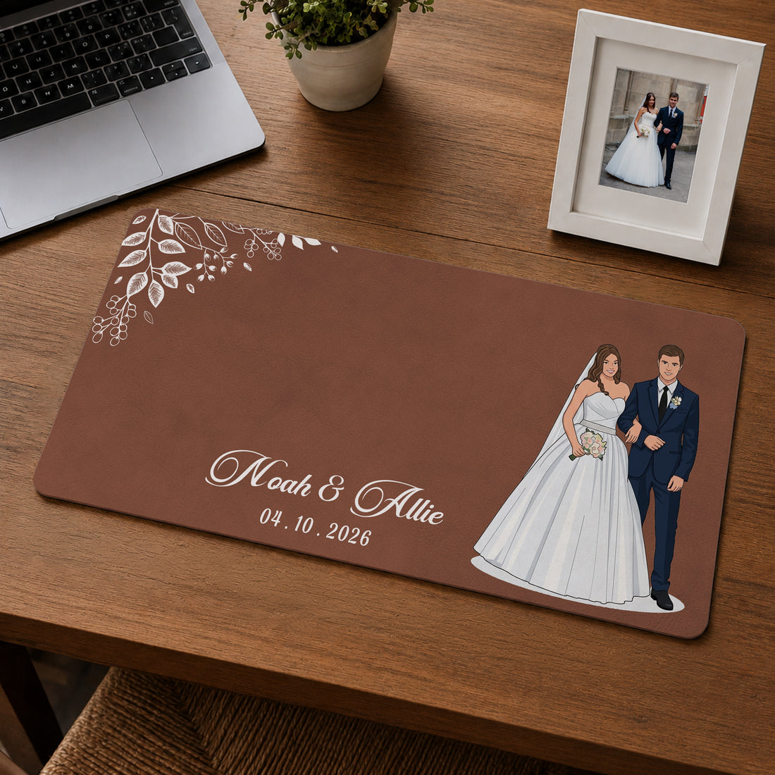 Personalized Engagement Wedding Photo Illustration Desk Mat with Custom Text, Custom Romantic Couple Desk Decor Gift