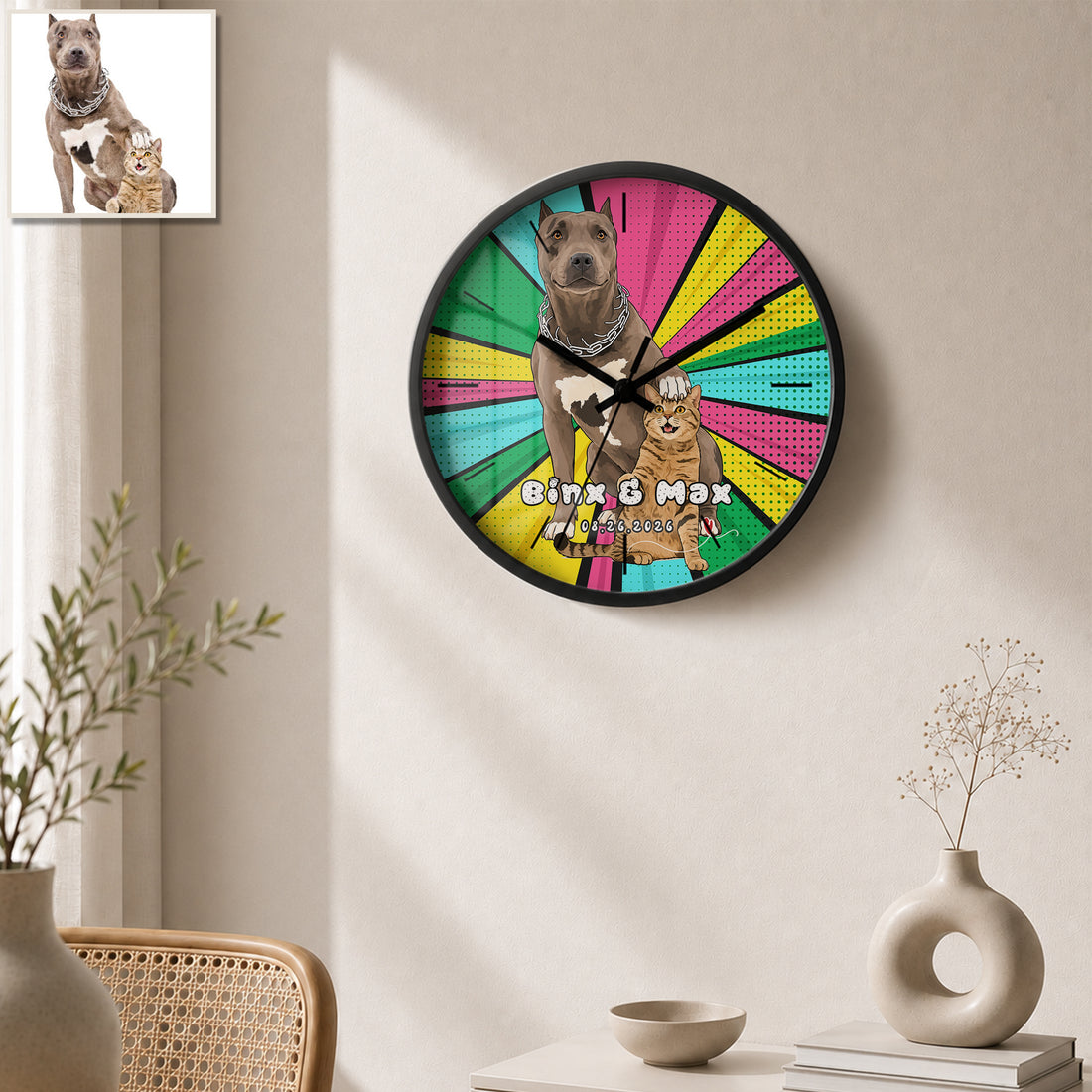 Personalized Pet Pop Art Wall Clock with Custom Text, Custom Pet Portrait Home Decor Gift