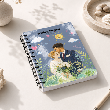 Personalized Wedding Crayon Doodle Spiral Bound Journal with Custom Text, Custom Couple Portrait Notebook Gift