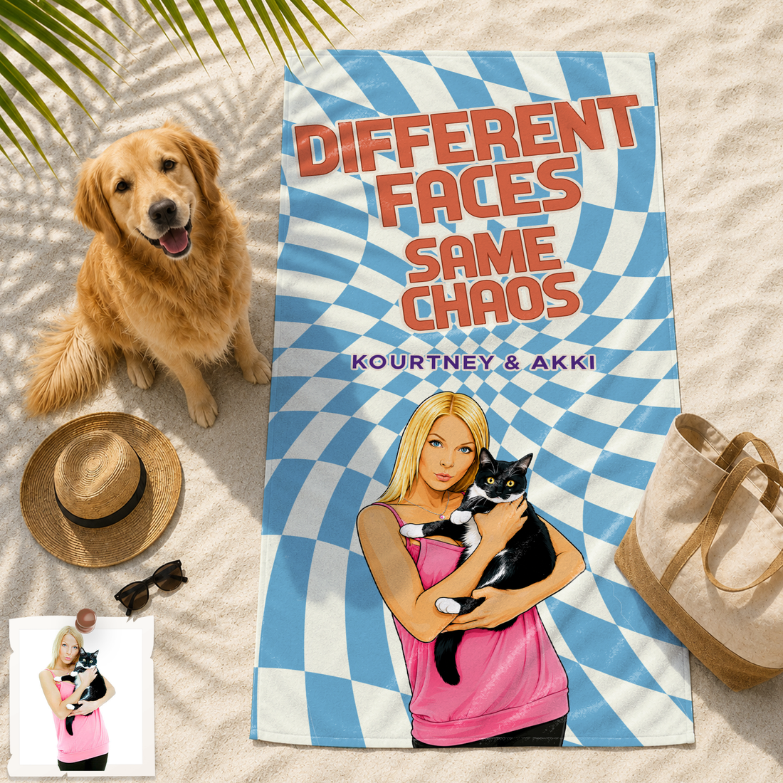 Custom Pet and Owner Pop Art Beach Towel with Personalized Text, Colorful Summer Keepsake for Pet Lovers