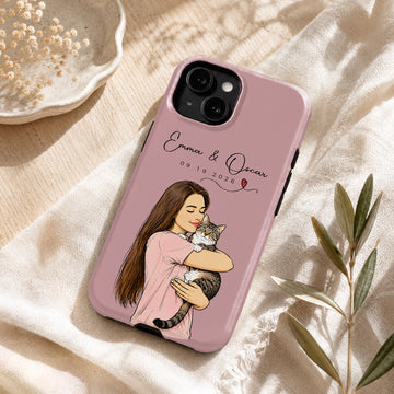 Tough Phone Case for iPhone & Samsung, Personalized Cat and Owner Sketch Doodle Photo Case with Custom Text