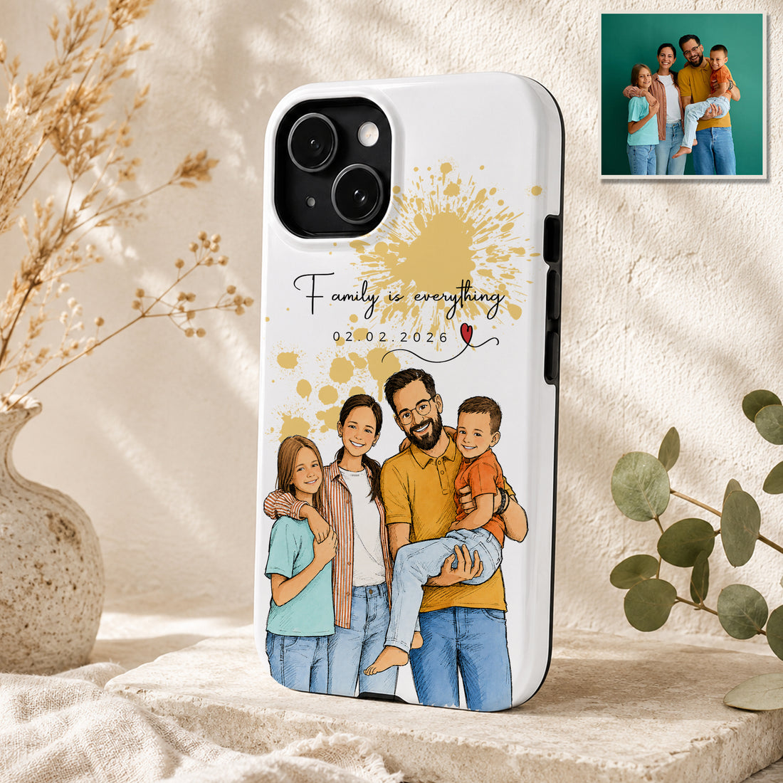 Tough Phone Case for iPhone & Samsung, Personalized Big Family Sketch Doodle Photo Case with Custom Text