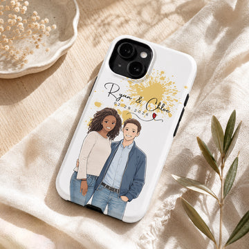 Tough Phone Case for iPhone & Samsung, Personalized Couples Anime Illustration Case with Custom Text