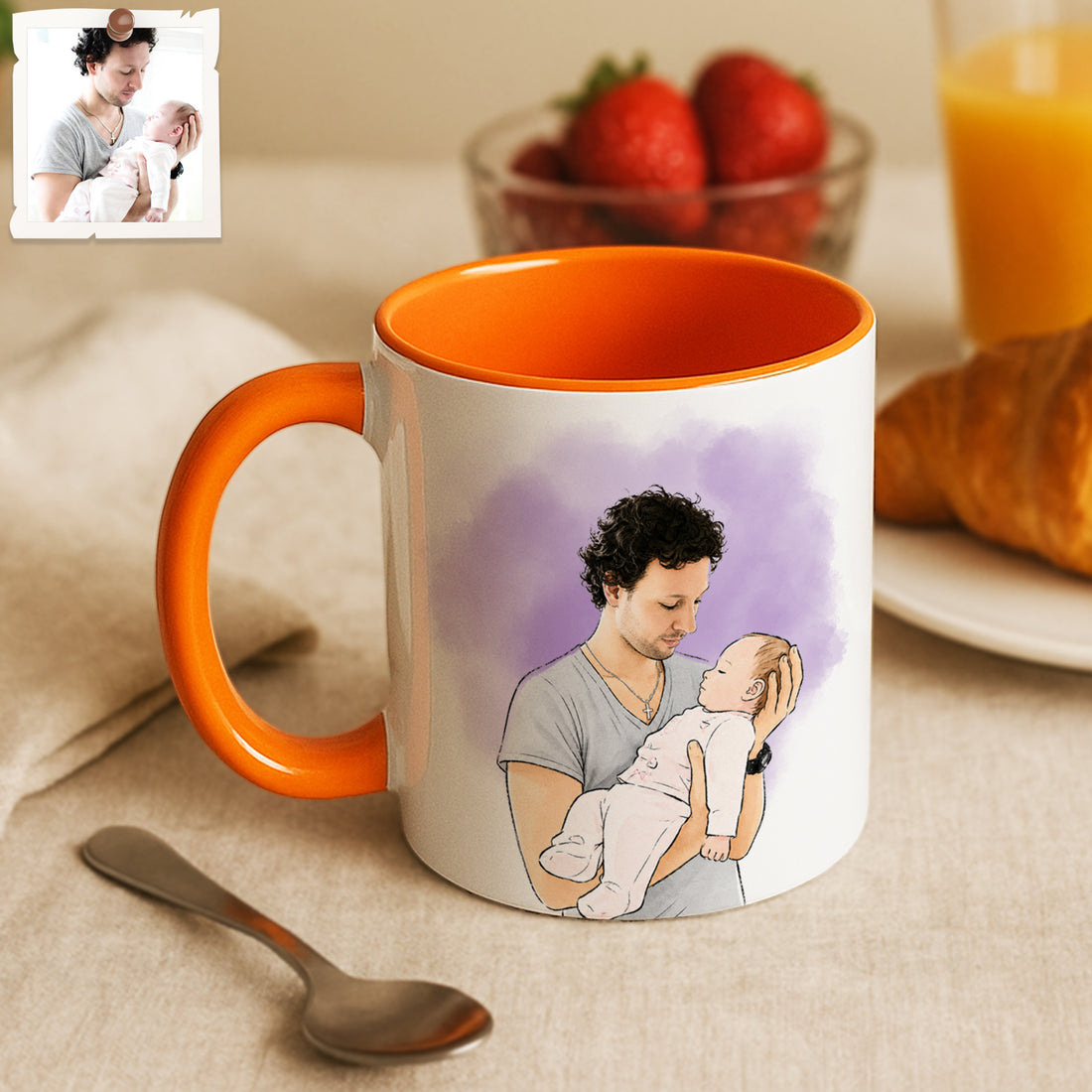 Personalized Baby With Dad Watercolor Doodle Accent Mug with Custom Text Coffee Cup, 11 oz, 15 oz