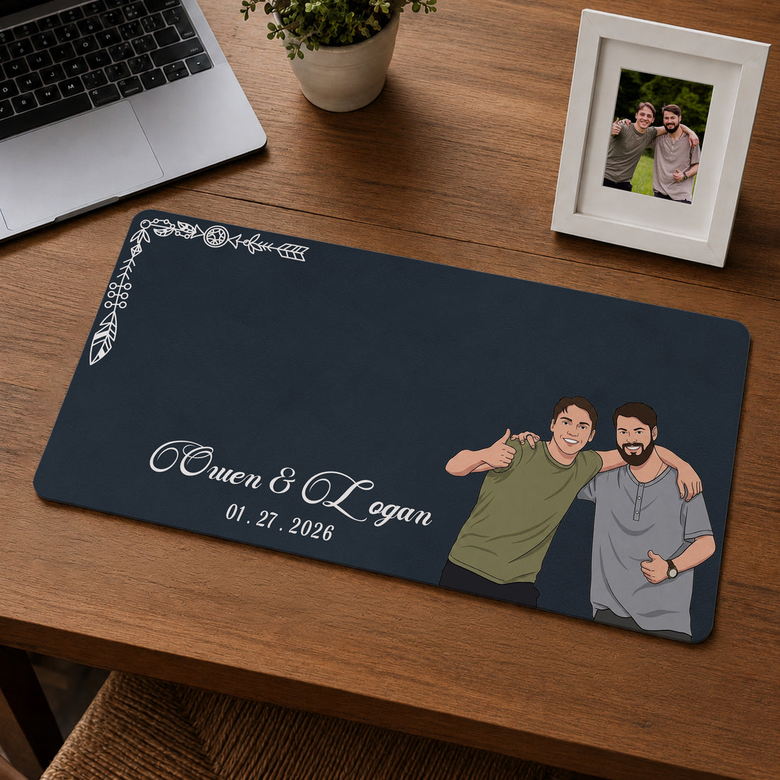 Personalized Friends Photo Illustration Desk Mat with Custom Text, Custom Friendship Workspace Gift