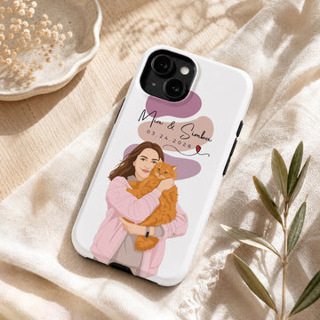 Tough Phone Case for iPhone & Samsung, Custom Pet & Owner Illustration Phone Case with Personalized Text