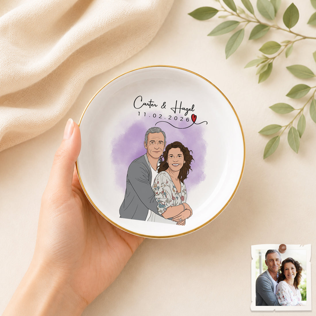Personalized Couple Photo Illustration Trinket Dish with Custom Text, Custom Romantic Anniversary Keepsake Gift