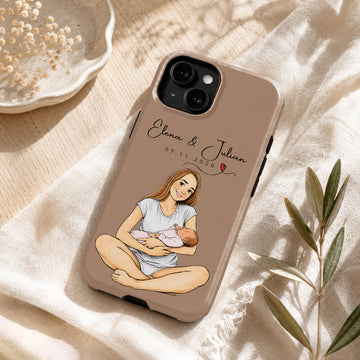 Tough Phone Case for iPhone & Samsung, Personalized Baby With Mom Sketch Doodle Photo Case with Custom Text