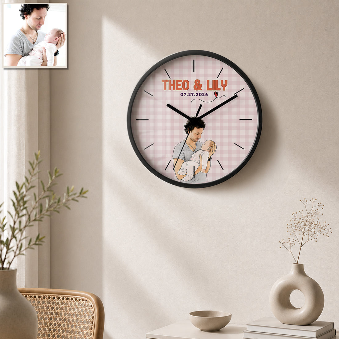 Personalized First Time Dad Watercolor Doodle Wall Clock with Custom Text, Custom Dad and Baby Portrait Home Decor Gift