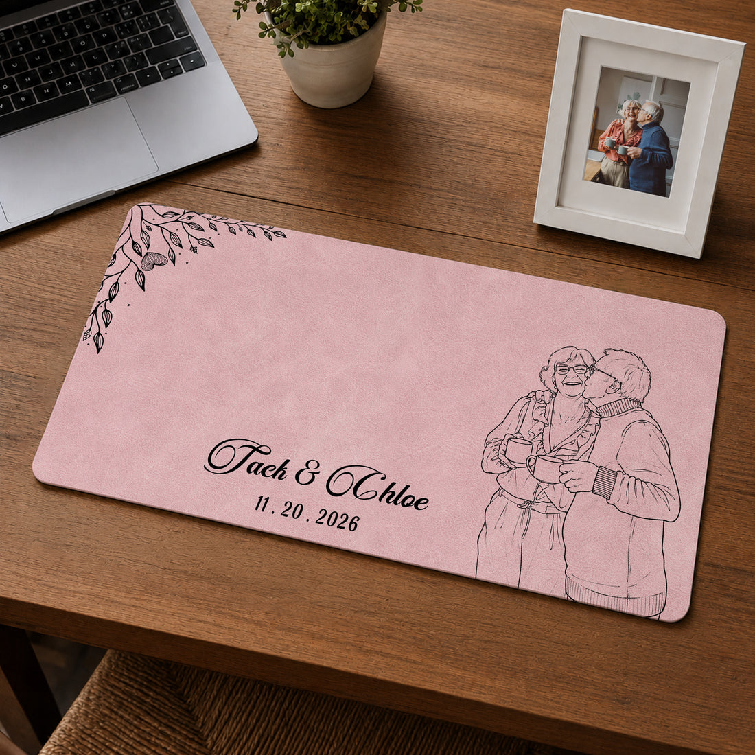 Personalized Engagement Anniversary Photo Detailed Line Art Desk Mat with Custom Text, Custom Couple Desk Pad Gift