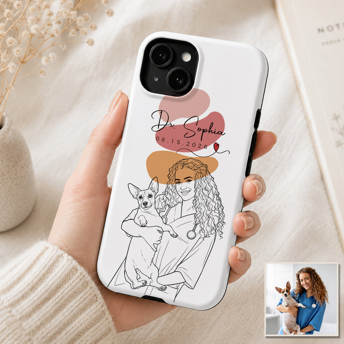 Tough Phone Case for iPhone & Samsung, Personalized Nurse and Vet Detailed Line Art Photo Case with Custom Text