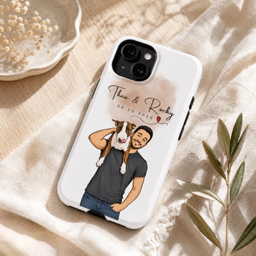 Tough Phone Case for iPhone & Samsung, Personalized Dog and Owner Sketch Doodle Photo Case with Custom Text