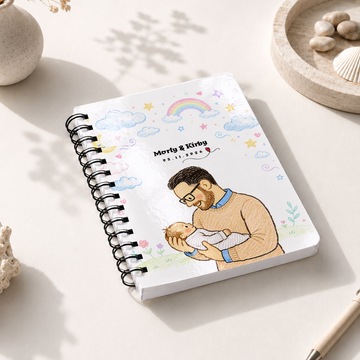 Personalized First Time Dad Crayon Doodle Spiral Bound Journal with Custom Text, Dad and Baby Portrait Notebook Gift