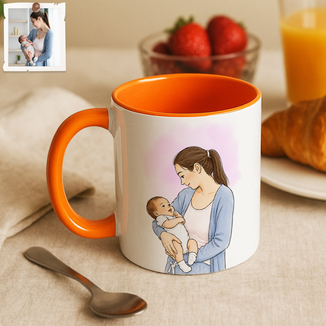 Personalized Baby With Mom Watercolor Doodle Accent Mug with Custom Text Coffee Cup, 11 oz, 15 oz
