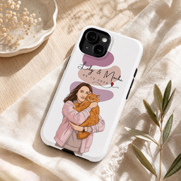 Tough Phone Case for iPhone & Samsung, Custom Pet & Owner Illustration Phone Case with Personalized Text