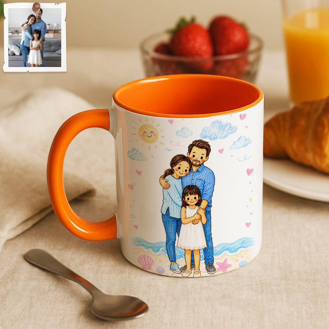 Personalized Family Photo Crayon Doodle Accent Mug with Custom Text Coffee Cup, 11 oz, 15 oz