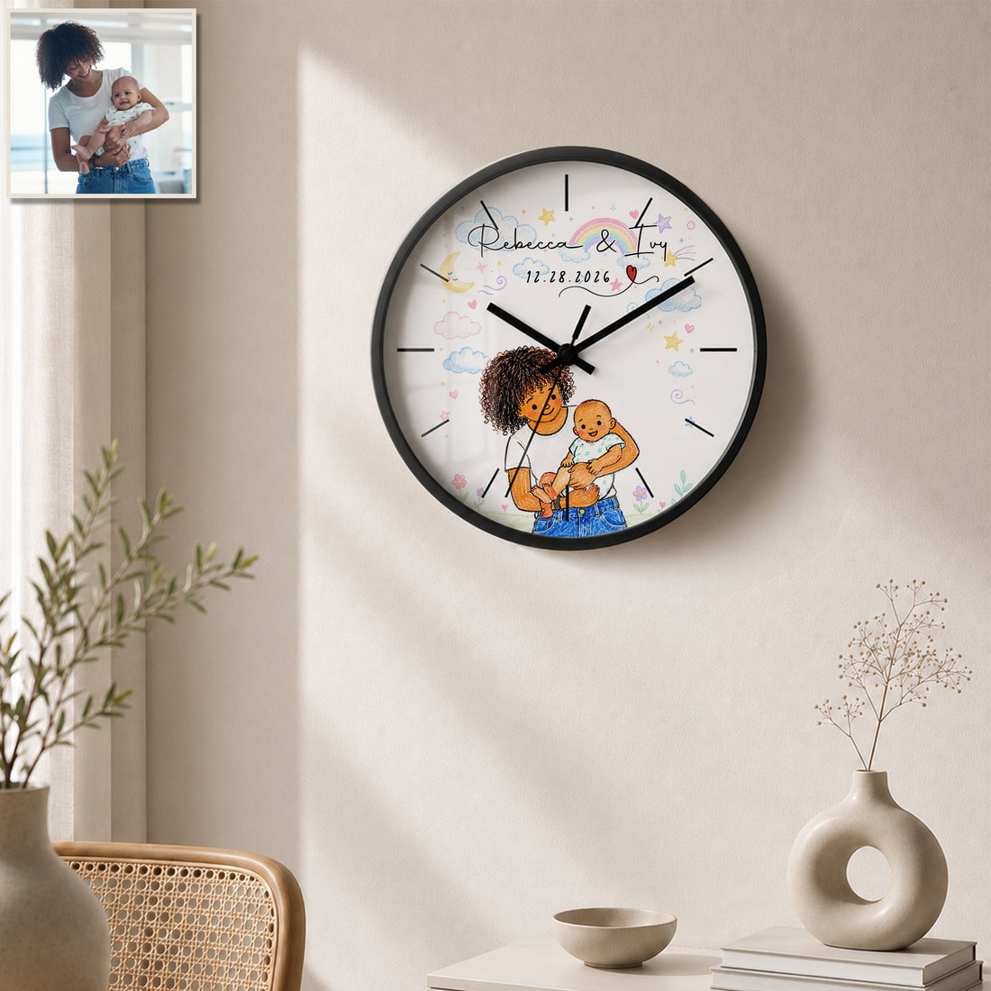Personalized First Time Mom Crayon Doodle Wall Clock with Custom Text, Custom Mom and Baby Portrait Home Decor Gift