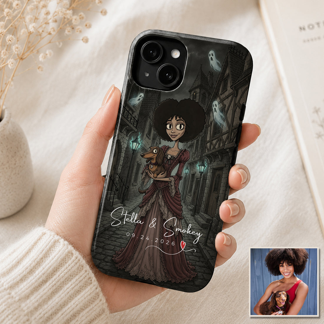 Tough Phone Case for iPhone & Samsung, Personalized Pet and Owner Gothic Portrait Case with Custom Text