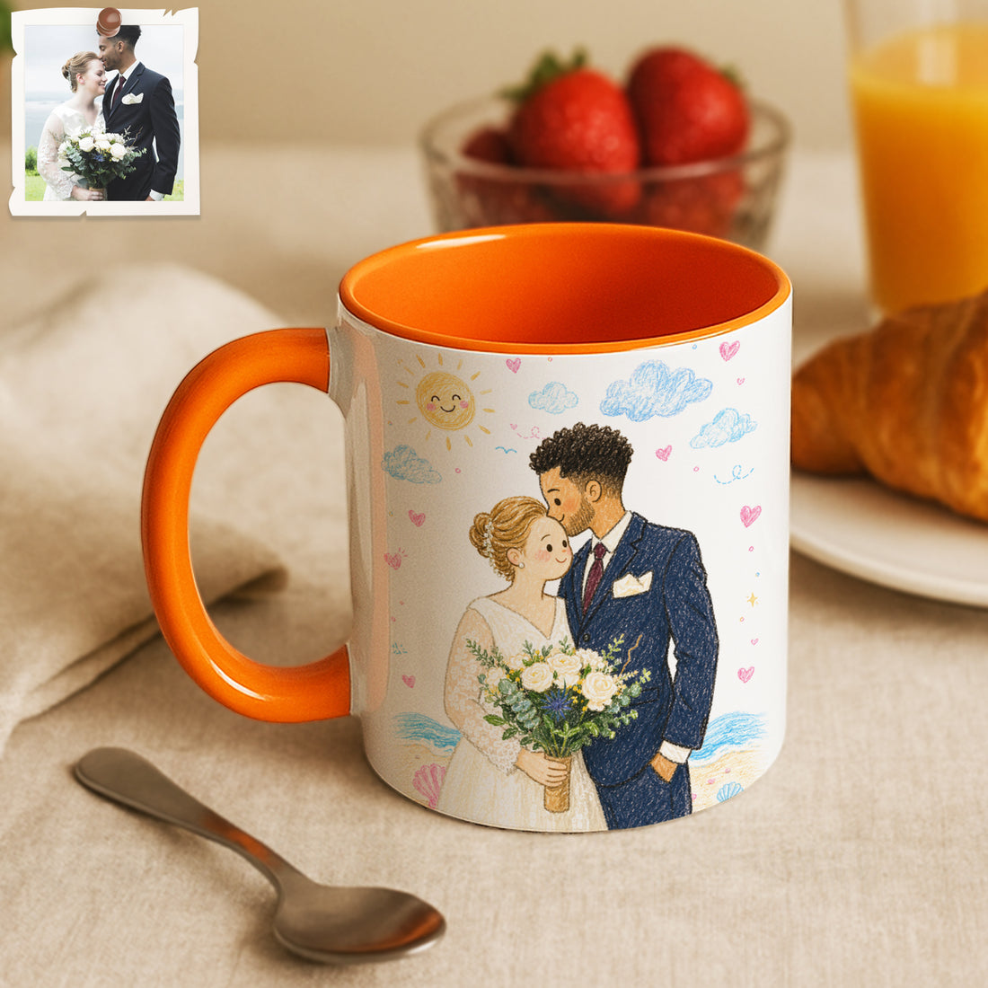 Personalized Wedding Photo Crayon Doodle Accent Mug with Custom Text Coffee Cup, 11 oz, 15 oz