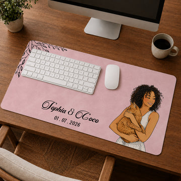 Custom Cat & Owner Photo Sketch Doodle Desk Mat with Personalized Text, Cute Cat Parent Desk Pad Gift