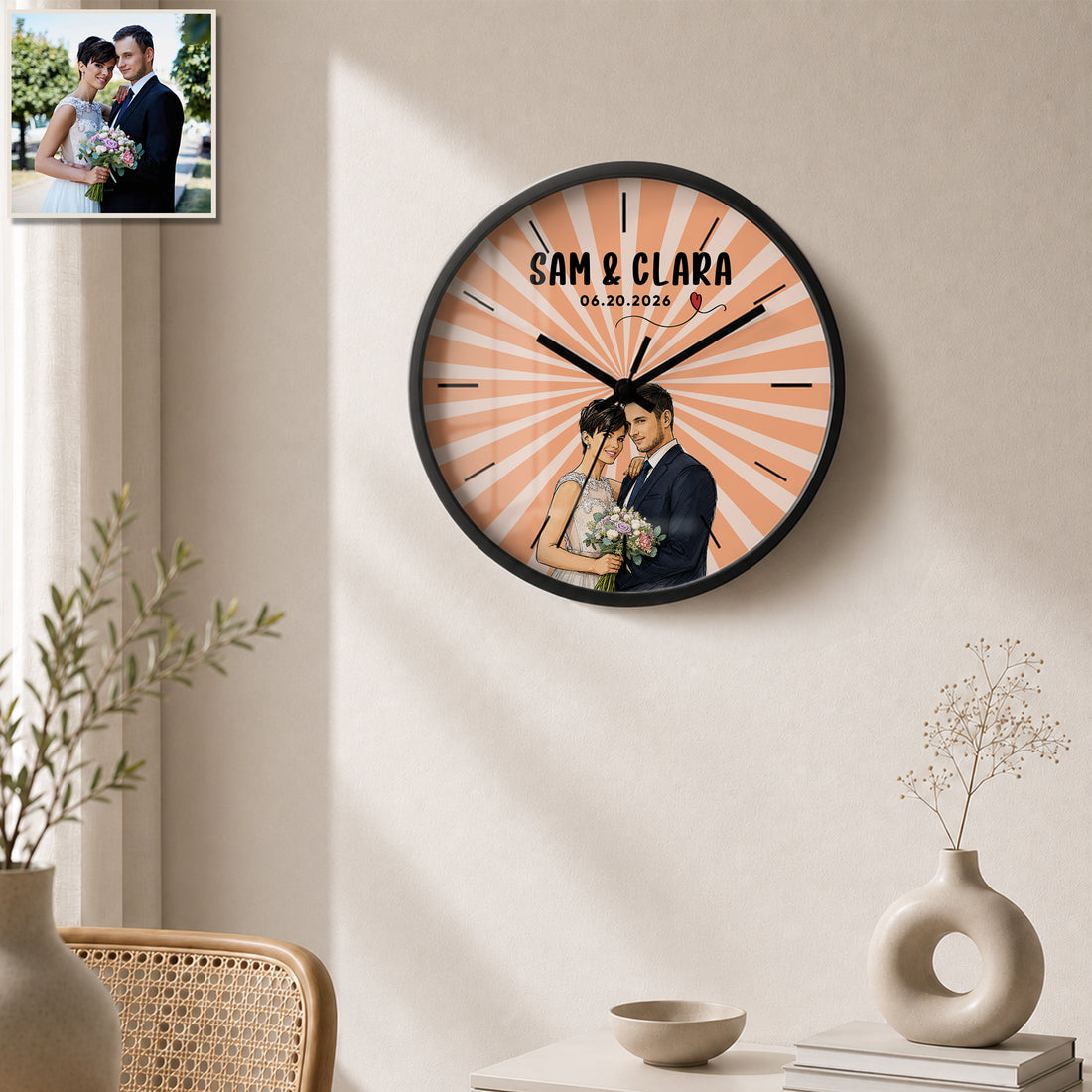 Personalized Wedding Sketch Doodle Wall Clock with Custom Text, Custom Wedding Portrait Home Decor Gift