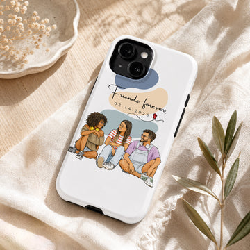 Tough Phone Case for iPhone & Samsung, Personalized Friends Watercolor Doodle Photo Case with Custom Text