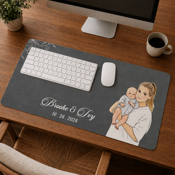 Personalized Baby With Mom Photo Watercolor Doodle Desk Mat with Custom Text, Custom First Time Mom Desk Pad Gift