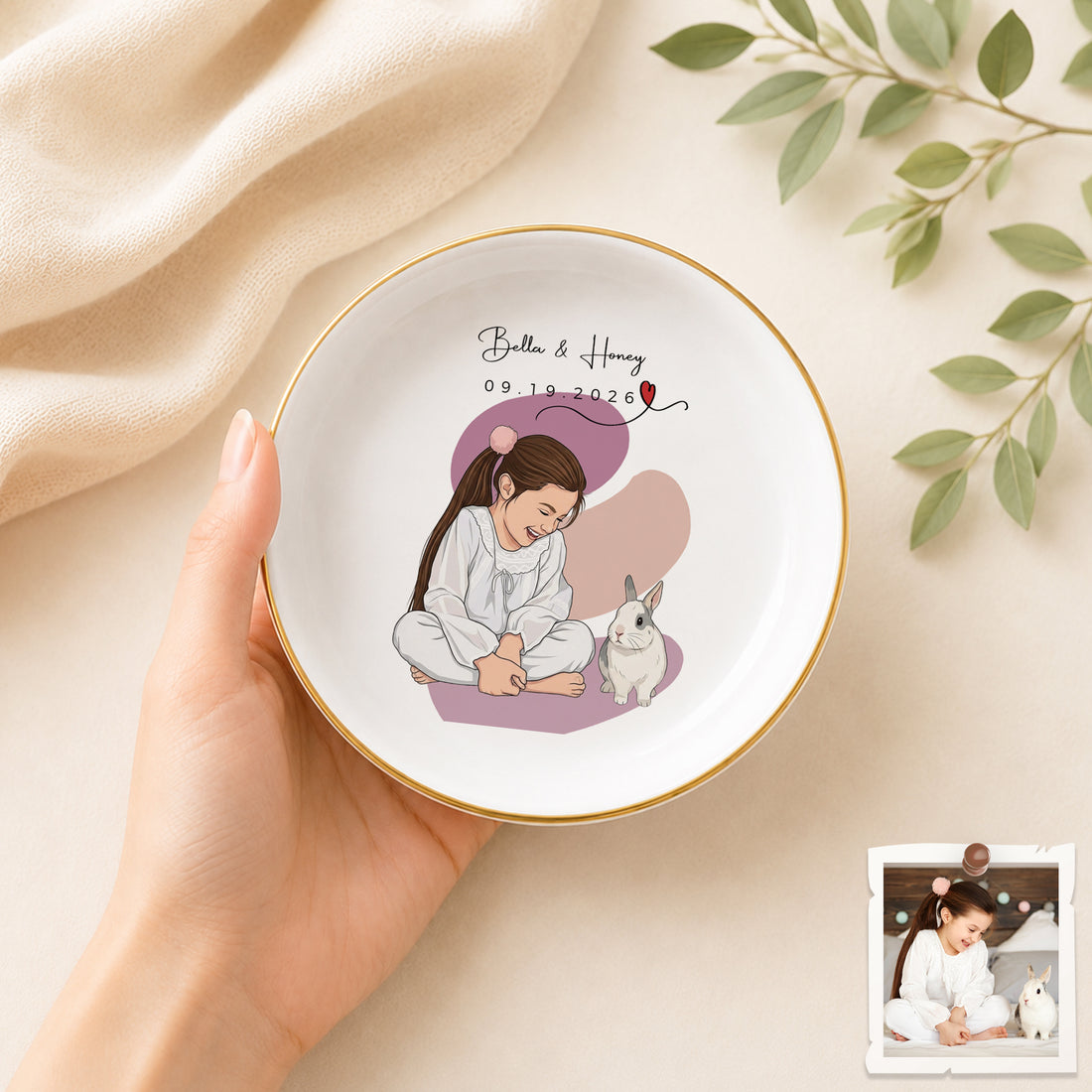 Personalized Pet and Owner Illustration Trinket Dish with Custom Text, Custom Pet Memory Jewelry Holder Gift