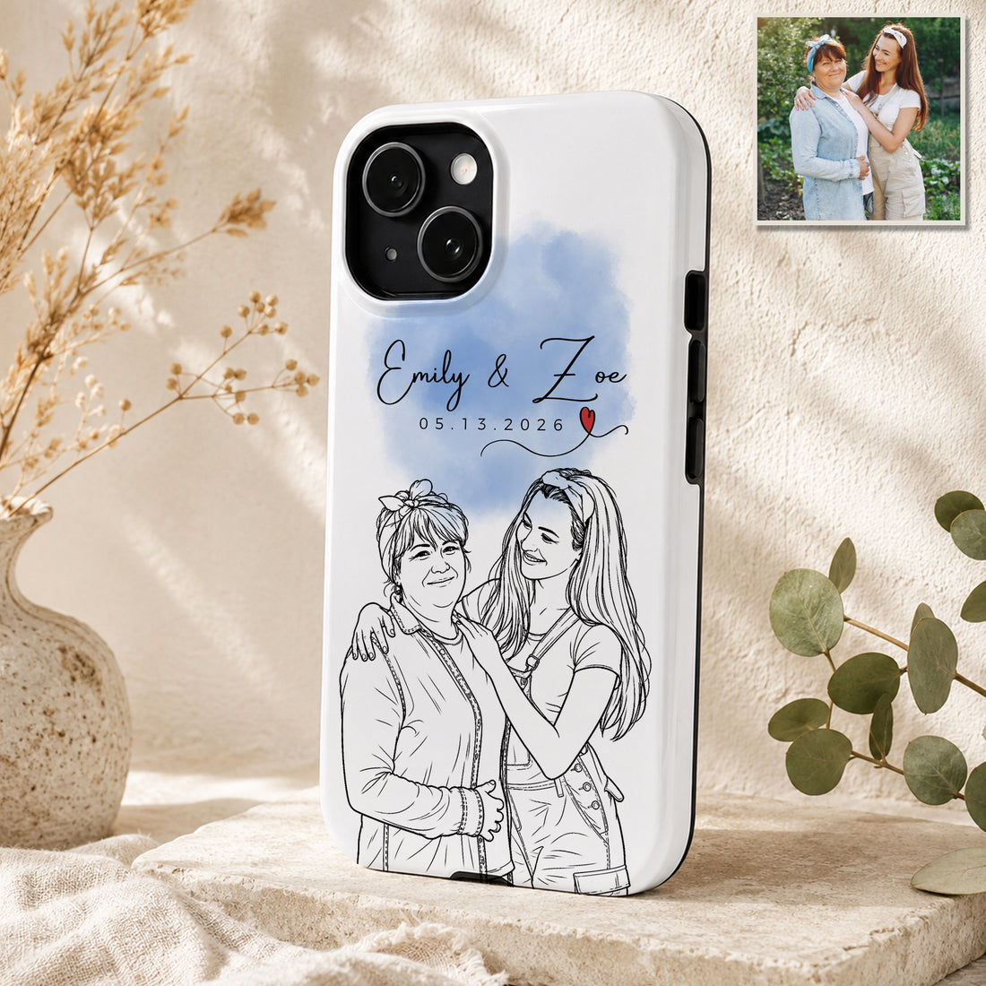 Tough Phone Case for iPhone & Samsung, Personalized Family with Grandma and Mom Detailed Line Art Case with Custom Text