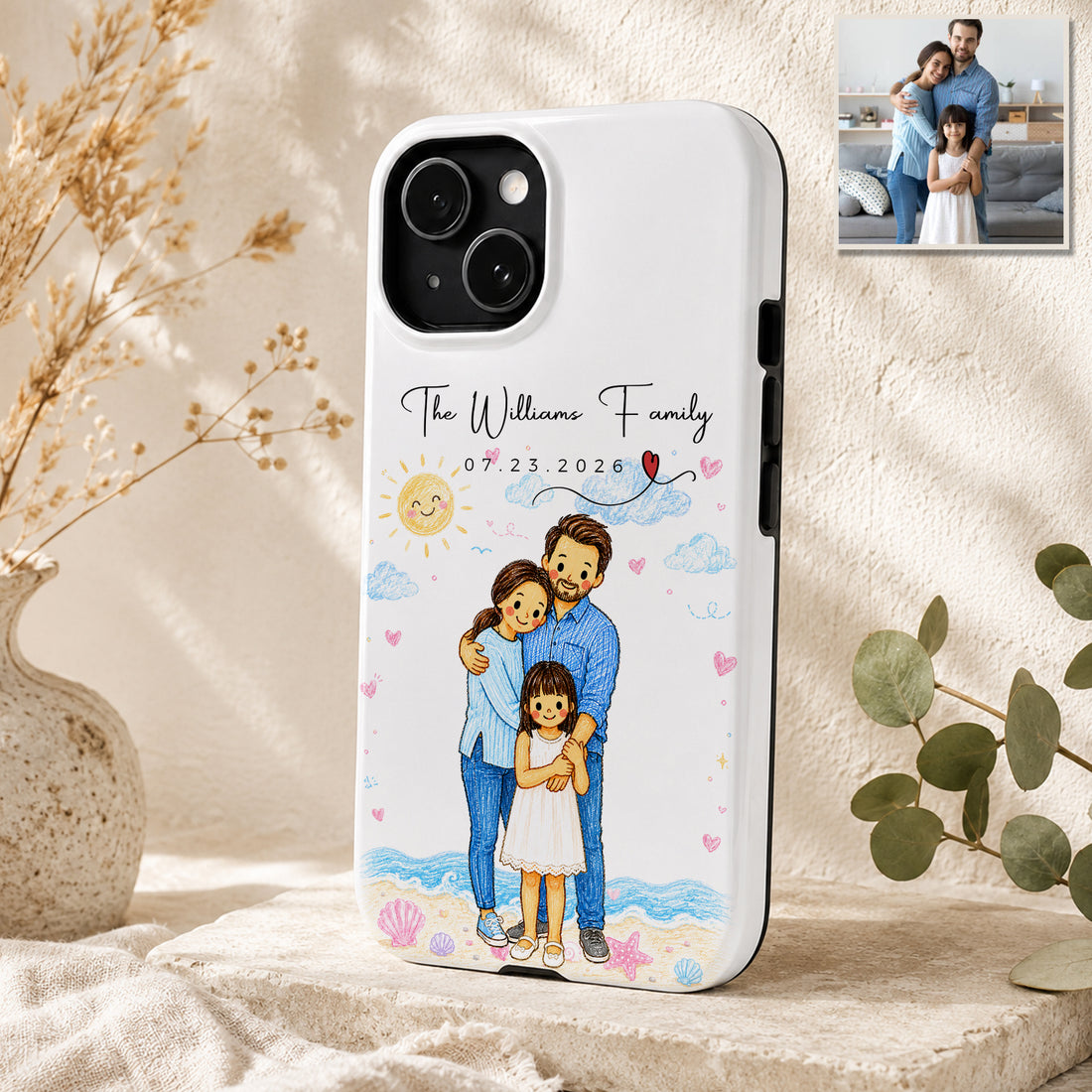 Tough Phone Case for iPhone & Samsung, Personalized Family Crayon Doodle Photo Case with Custom Text