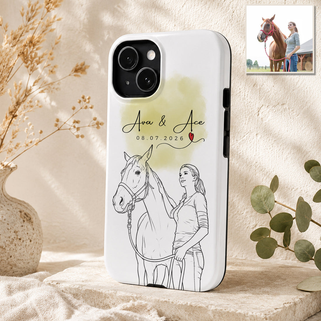 Tough Phone Case for iPhone & Samsung, Personalized Pet and Owner Detailed Line Art Case with Custom Text