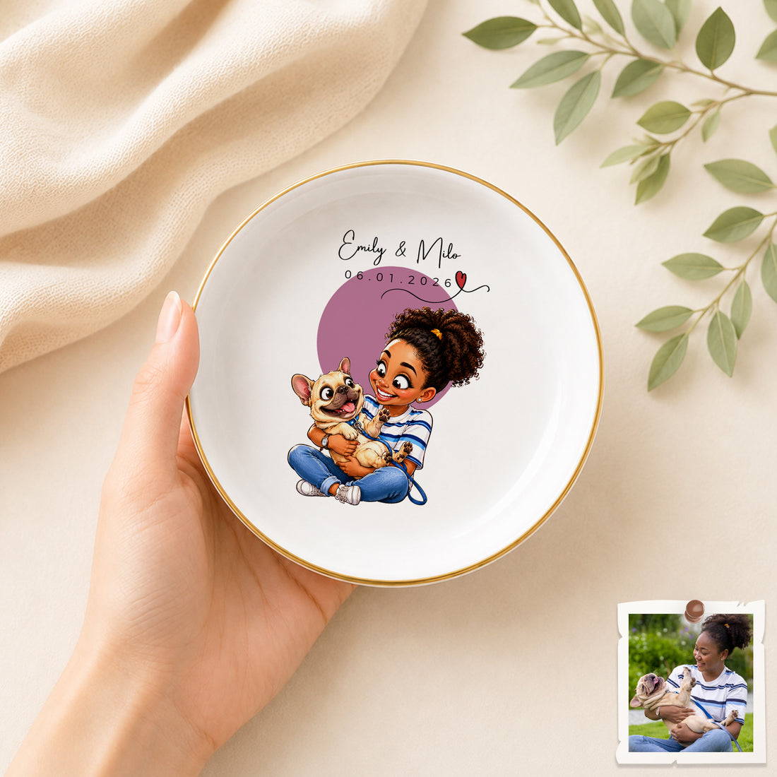 Personalized Pet and Owner Caricature Trinket Dish with Custom Text, Funny Pet Lover Jewelry Keepsake Gift