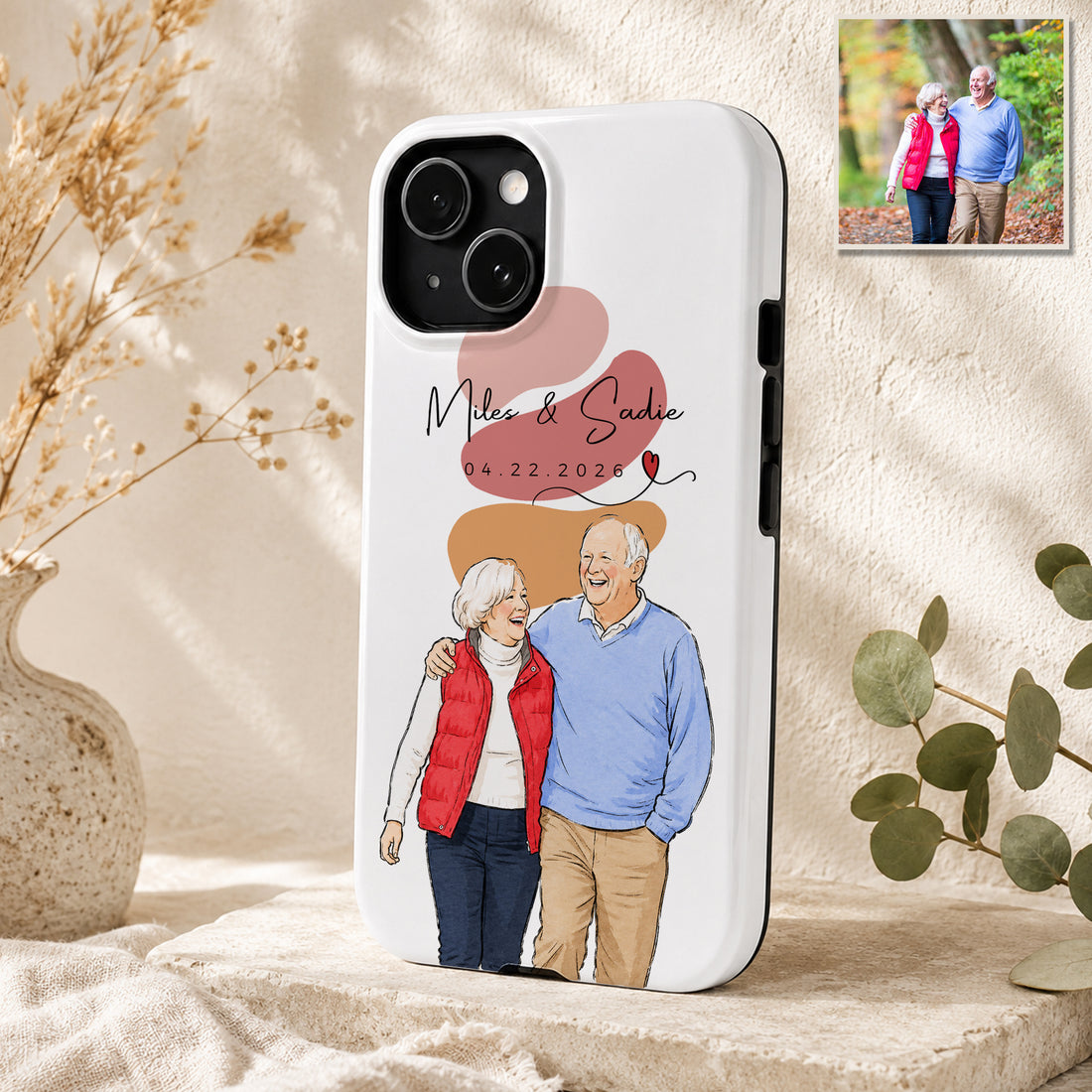 Tough Phone Case for iPhone & Samsung, Personalized Couple Watercolor Doodle Photo Case with Custom Text