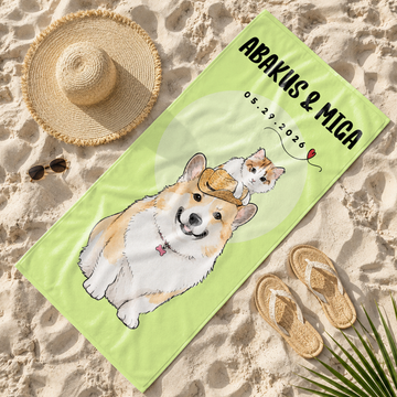 Custom Pet Watercolor Doodle Beach Towel with Personalized Text, Artistic Summer Keepsake Gift