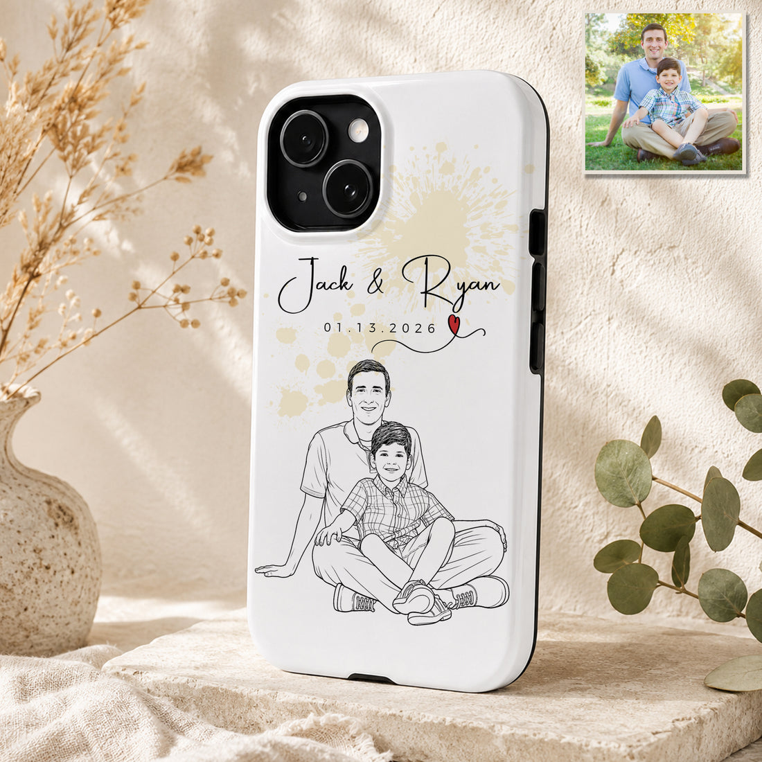 Tough Phone Case for iPhone & Samsung, Personalized Family with Grandpa and Dad Detailed Line Art Case with Custom Text