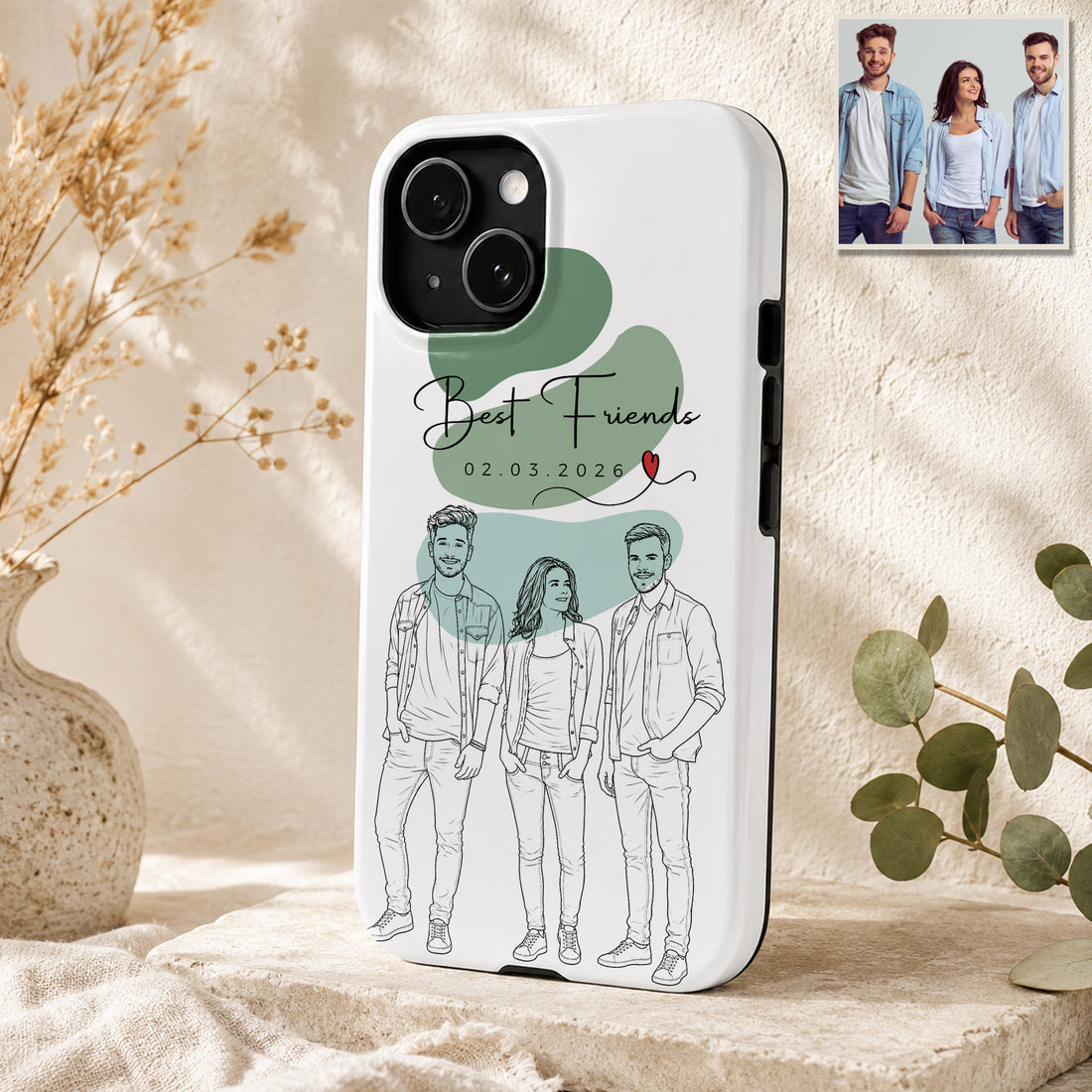 Tough Phone Case for iPhone & Samsung, Personalized Friends Detailed Line Art Photo Case with Custom Text