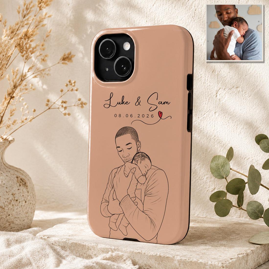 Tough Phone Case for iPhone & Samsung, Personalized First-Time Dad and Baby Detailed Line Art Case with Custom Text
