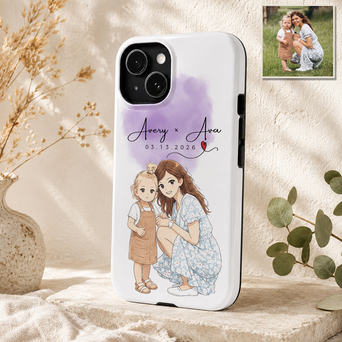 Tough Phone Case for iPhone & Samsung, Personalized Mother Anime Illustration Case with Custom Text