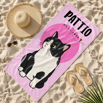 Custom Pet Funny Doodle Beach Towel with Personalized Text, Cute Dog or Cat Photo Summer Gift