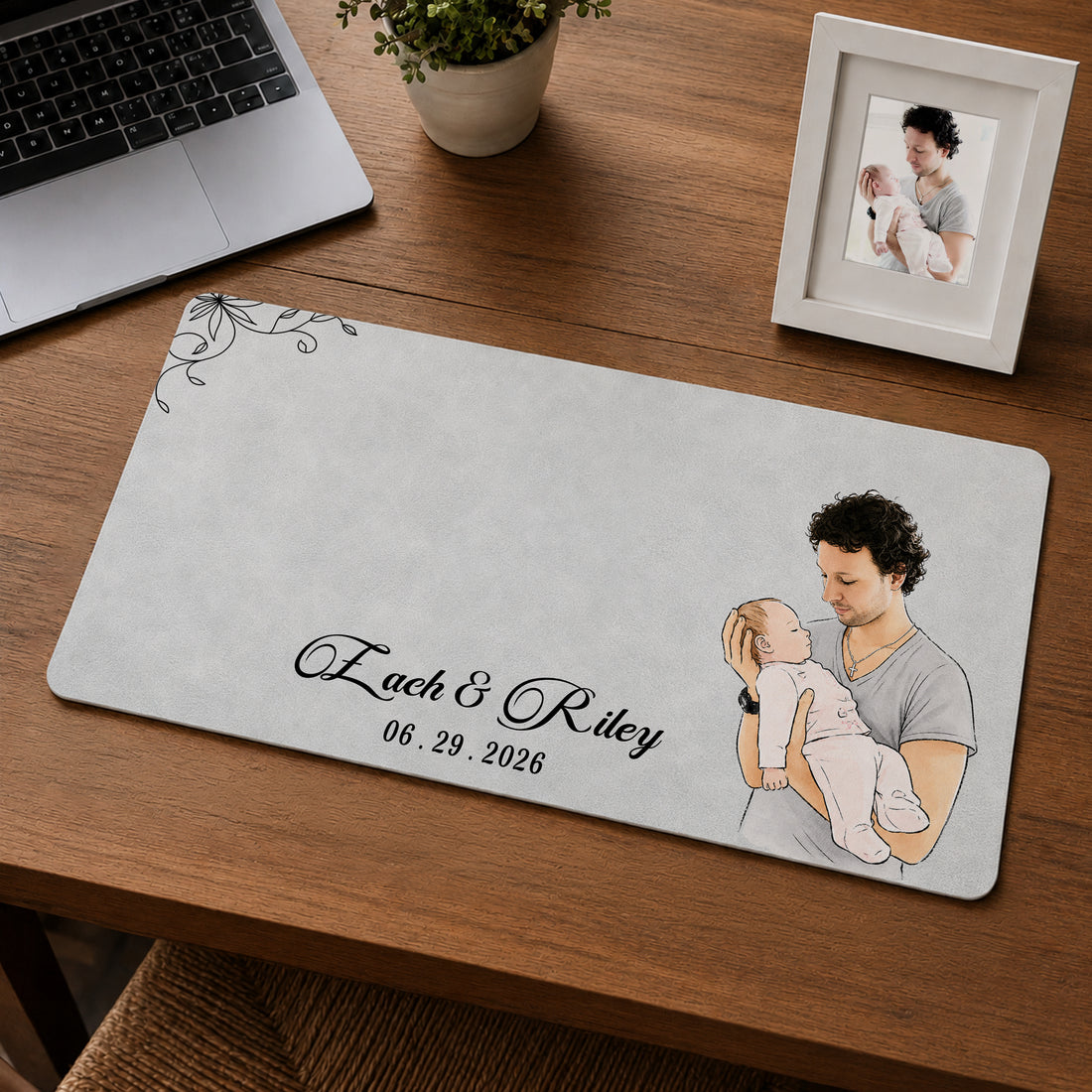 Personalized Baby With Dad Photo Watercolor Doodle Desk Mat with Custom Text, Custom First Time Dad Desk Pad Gift