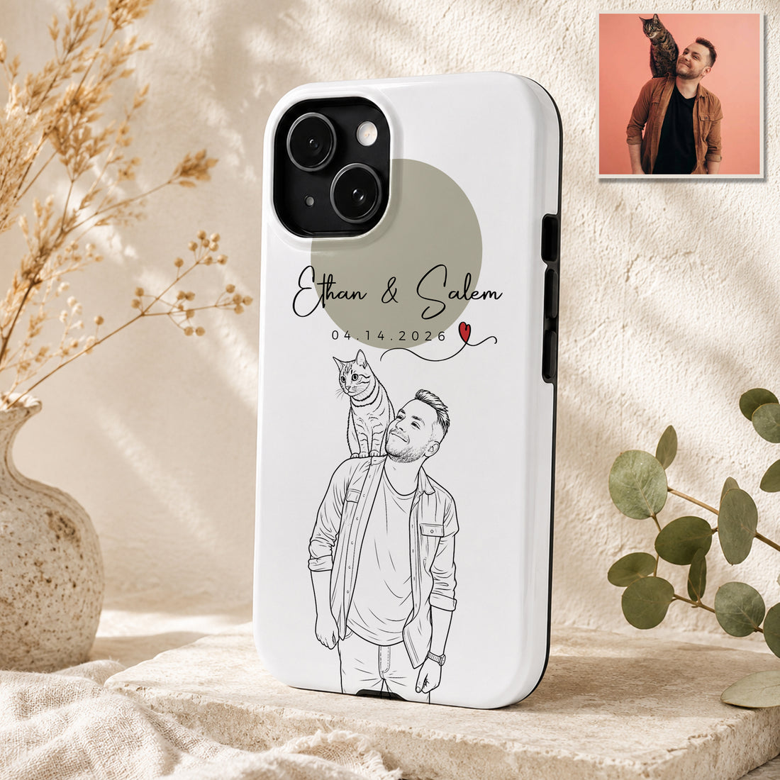 Tough Phone Case for iPhone & Samsung, Custom Dog Cat Owner Detailed Line Art Case with Personalized Text